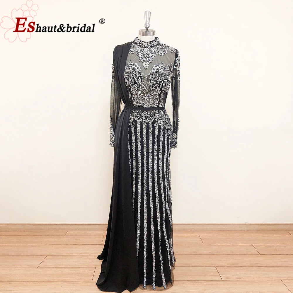 Elegant Muslim Wedding Evening Dress for Women 2026 Crystal High Neck Long Sleeves Mermaid Formal Prom Party Gowns Customized
