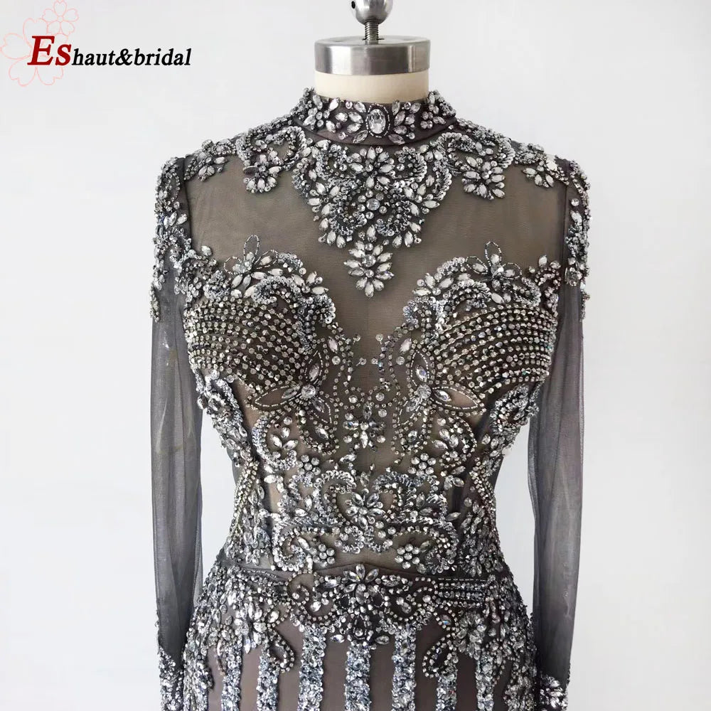 Elegant Muslim Wedding Evening Dress for Women 2026 Crystal High Neck Long Sleeves Mermaid Formal Prom Party Gowns Customized