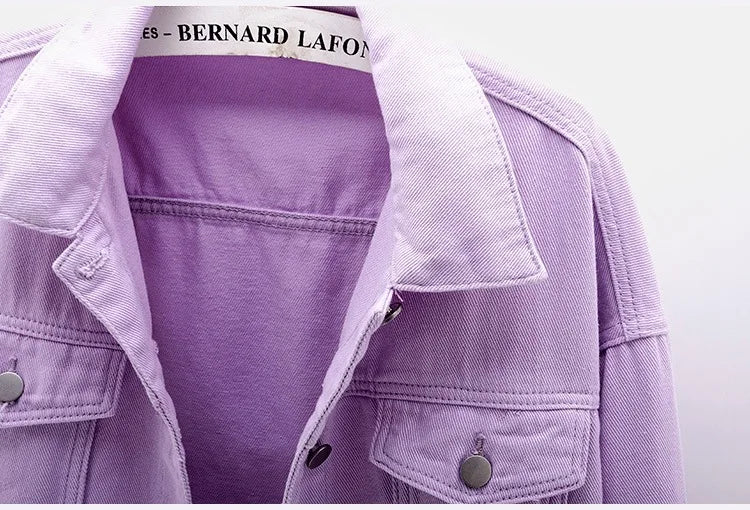 Solid Short Women's Denim Coat Spring Autumn Female Loose Jeans Jacket Purple Student Casual Outwear White Pink Yellow Red Black