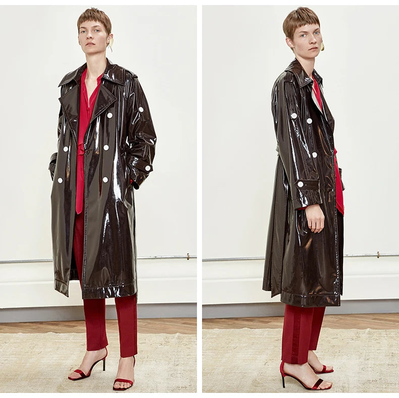 Nerazzurri Long Waterproof Black Patent Leather Trench Coat for Women 2020 Double Breasted Iridescent Oversized Leather Coat 7XL