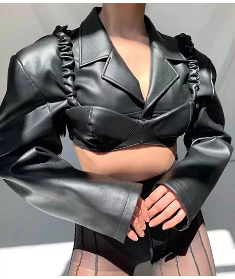 Lautaro Spring Autumn Short Black Light Faux Leather Jacket Women Long Sleeve Lapel Runway Stylish Sexy Fashion 2021 Cropped Top