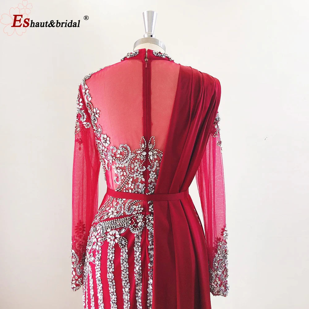 Elegant Muslim Wedding Evening Dress for Women 2026 Crystal High Neck Long Sleeves Mermaid Formal Prom Party Gowns Customized