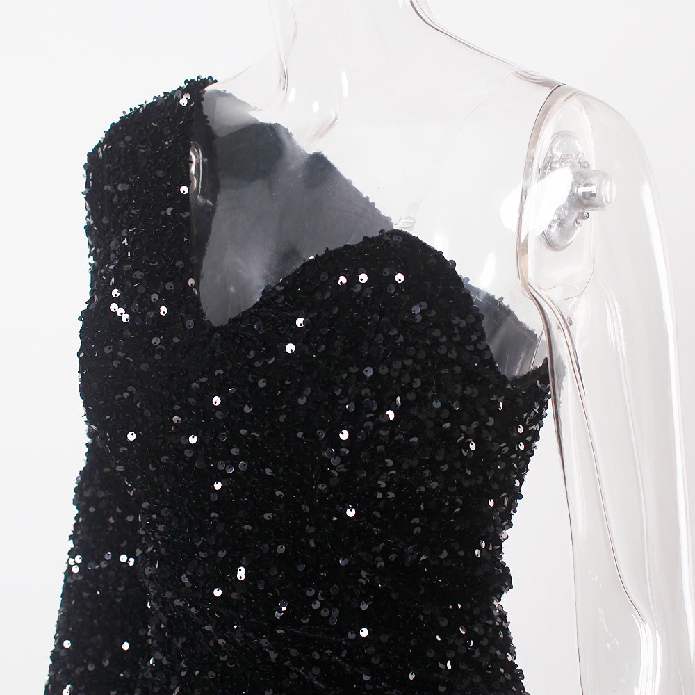 Black Stretch Sparkles Sequined One Sleeve Bodycon Party Dress Padded Knee Length Sexy Night Club Midi Dress Burgundy