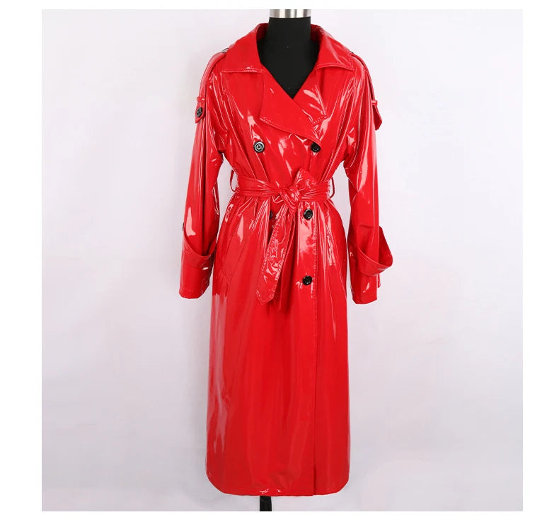 Nerazzurri Long Waterproof Black Patent Leather Trench Coat for Women 2020 Double Breasted Iridescent Oversized Leather Coat 7XL