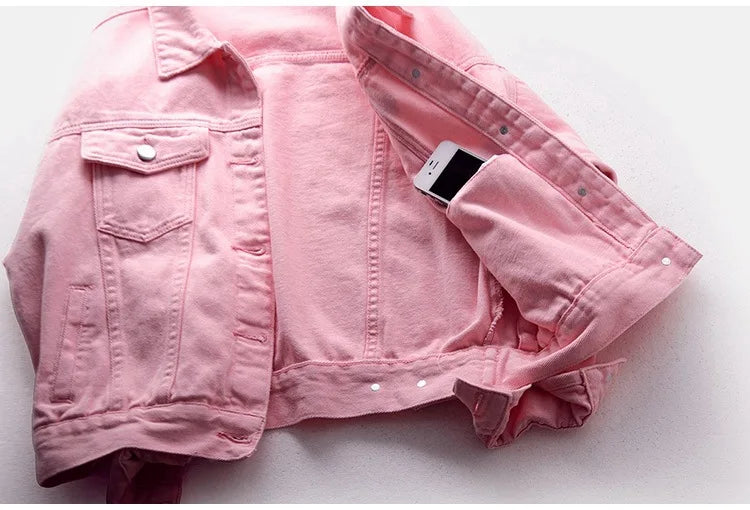 Solid Short Women's Denim Coat Spring Autumn Female Loose Jeans Jacket Purple Student Casual Outwear White Pink Yellow Red Black