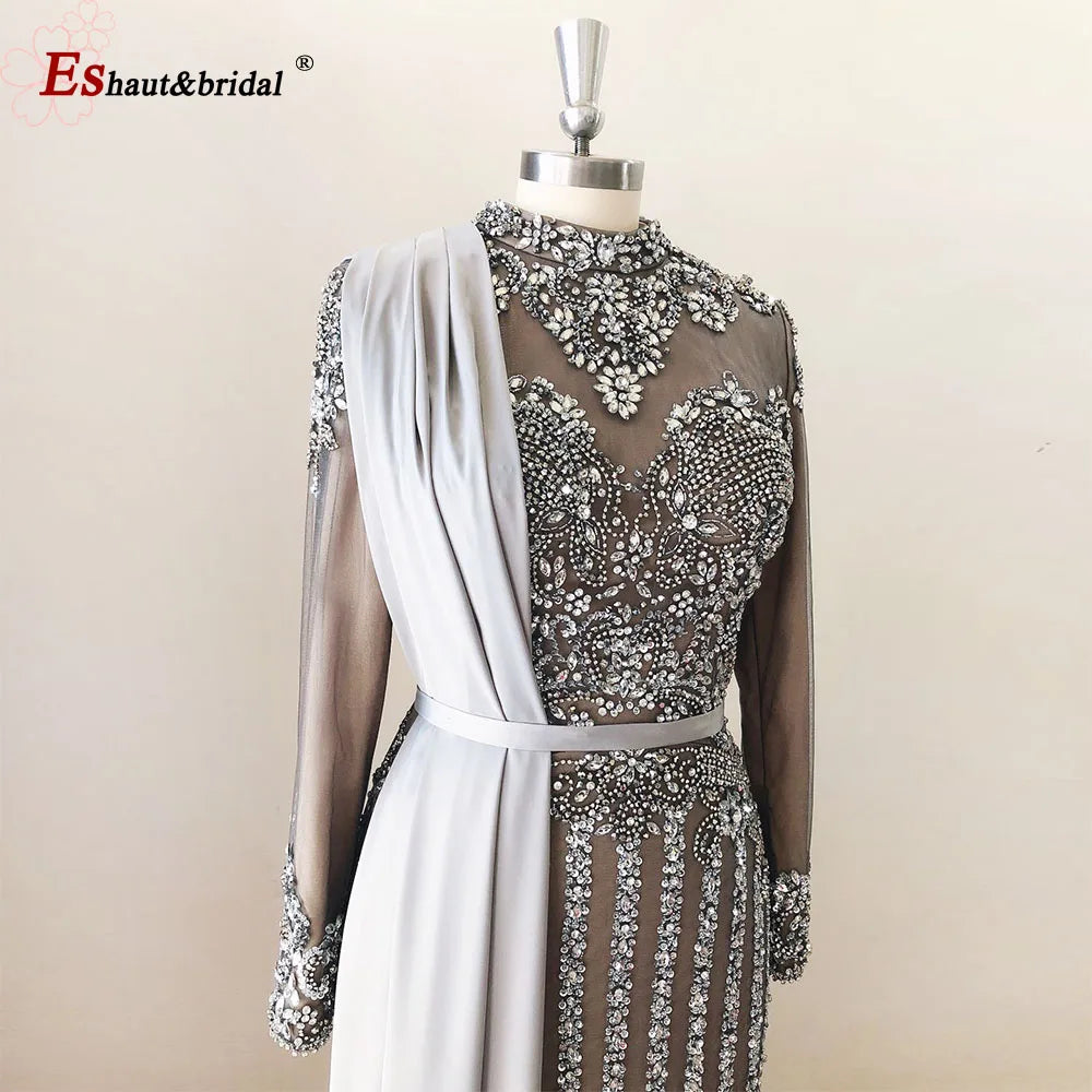 Elegant Muslim Wedding Evening Dress for Women 2026 Crystal High Neck Long Sleeves Mermaid Formal Prom Party Gowns Customized