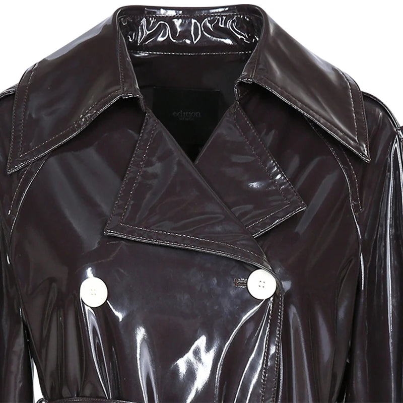 Nerazzurri Long Waterproof Black Patent Leather Trench Coat for Women 2020 Double Breasted Iridescent Oversized Leather Coat 7XL
