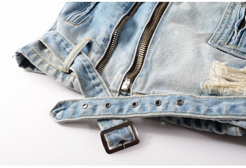 Sokotoo Men's Holes Ripped Blue Jean Biker Jacket for Motorcycle Streetwear Zippers Turn Down Collar Denim Coat Outerwear