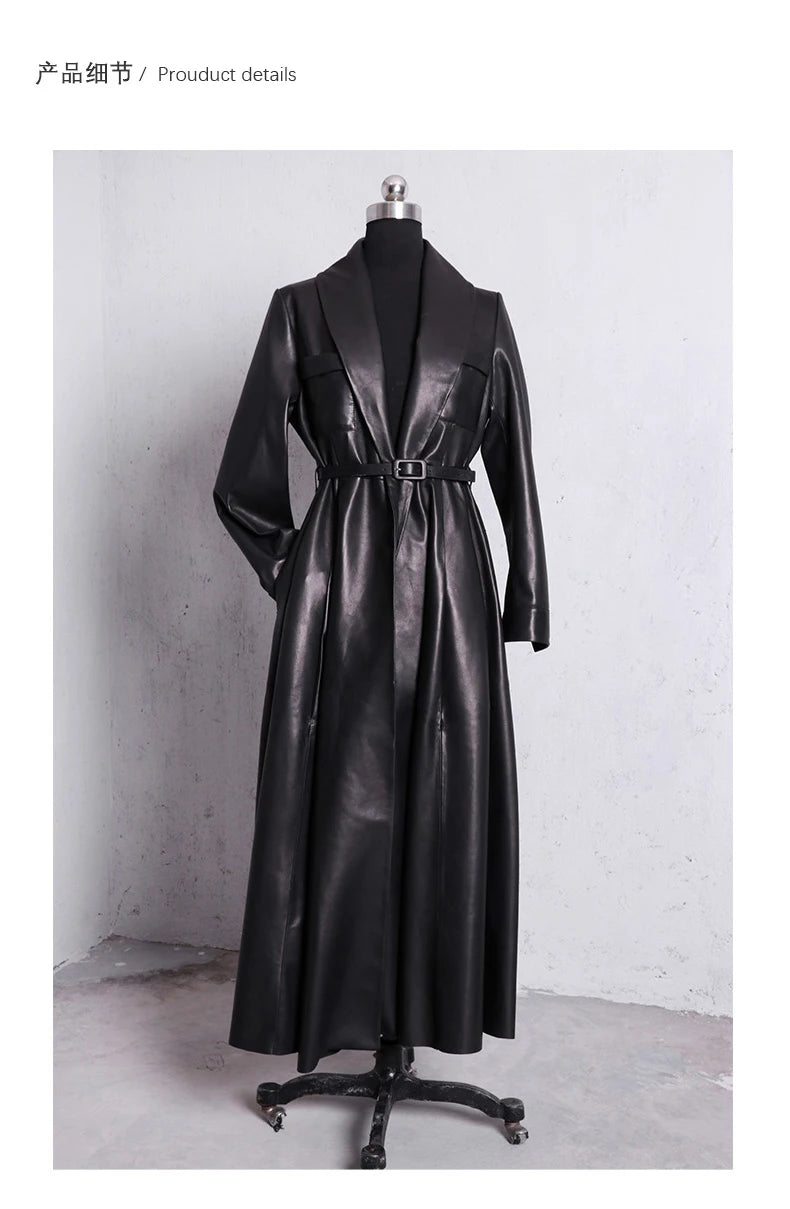 Nerazzurri High Quality Red Black Maxi Pu Leather Trench Coat for Women Extra Long Skirted Elegant Overcoat Fashion 5xl 6xl 7xl
