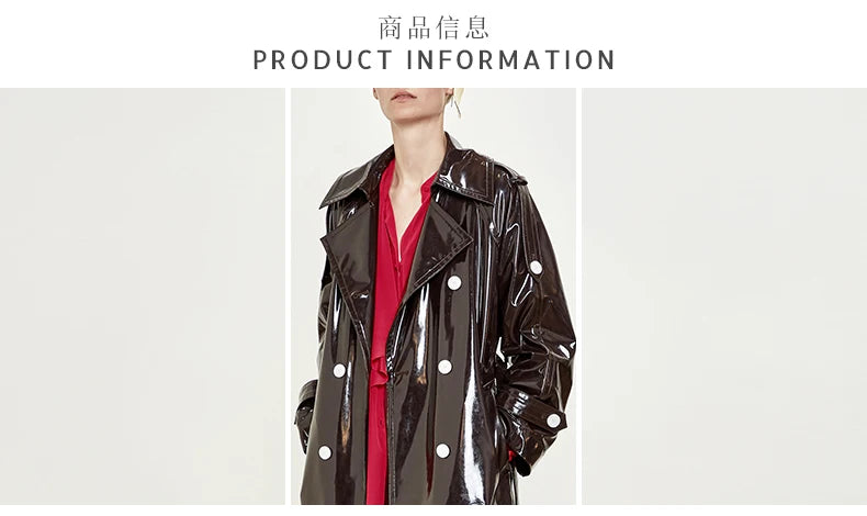 Nerazzurri Long Waterproof Black Patent Leather Trench Coat for Women 2020 Double Breasted Iridescent Oversized Leather Coat 7XL
