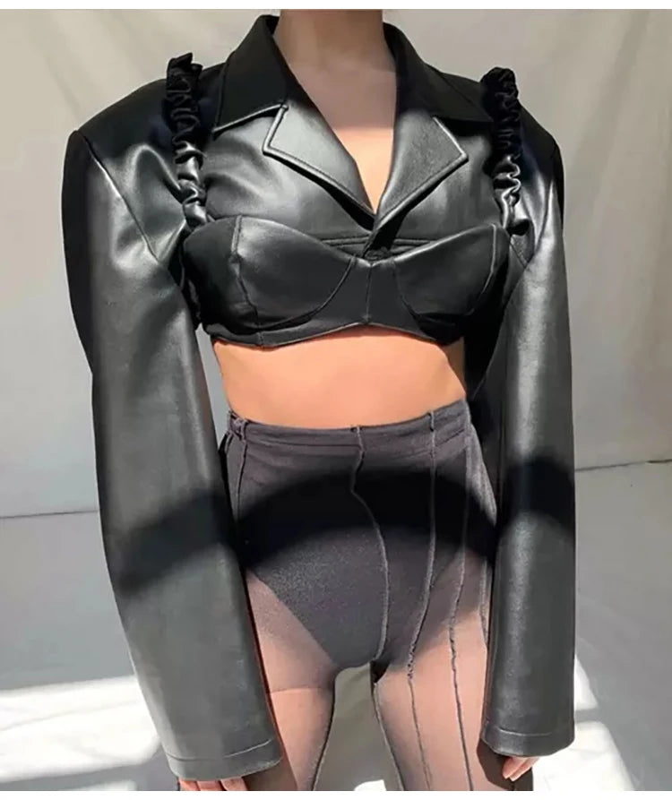 Lautaro Spring Autumn Short Black Light Faux Leather Jacket Women Long Sleeve Lapel Runway Stylish Sexy Fashion 2021 Cropped Top