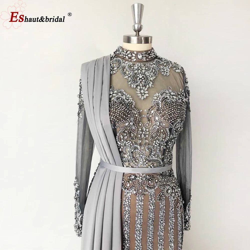 Elegant Muslim Wedding Evening Dress for Women 2026 Crystal High Neck Long Sleeves Mermaid Formal Prom Party Gowns Customized