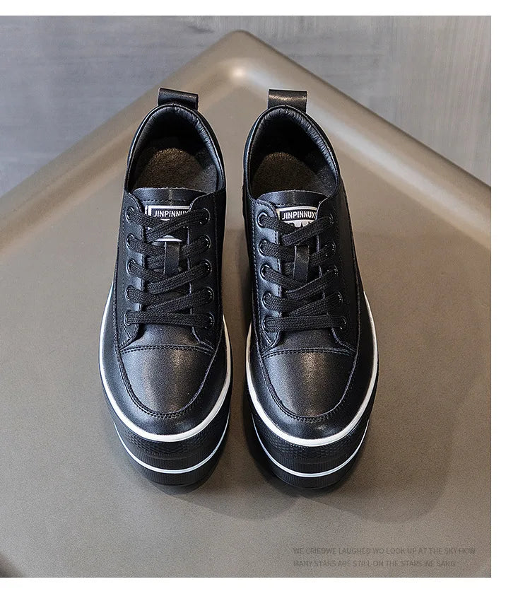 Fujin 10.5cm High Thick Heel Platform Flats Women Casual Shoes Genuine Leather Soft Quality Casual Shoe Sneakers White Black
