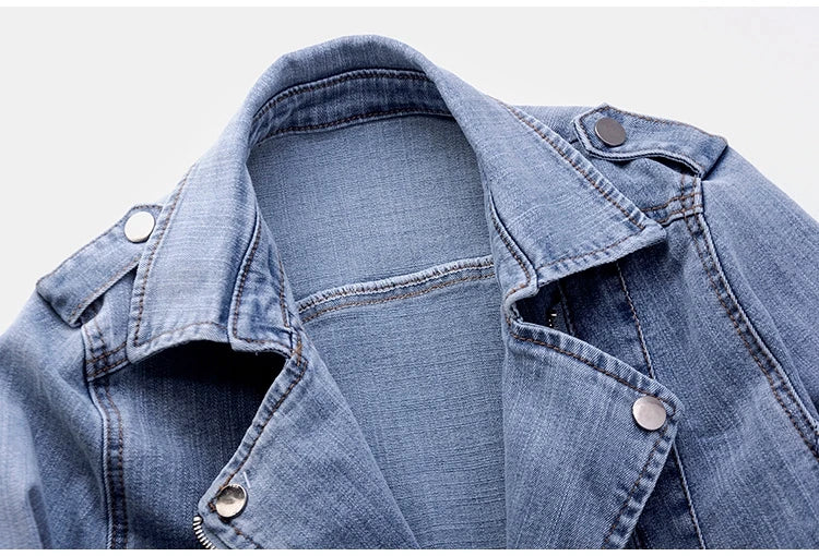 Short Zipper Stretch Denim Jacket Women Slim Vintage Spring Autumn Lady Long-sleeved Motorcycle Coat Casual Female Jean Outwear