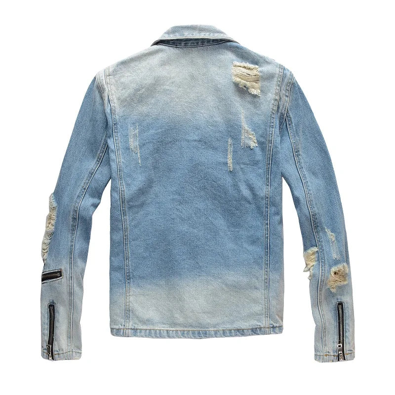 Sokotoo Men's Holes Ripped Blue Jean Biker Jacket for Motorcycle Streetwear Zippers Turn Down Collar Denim Coat Outerwear