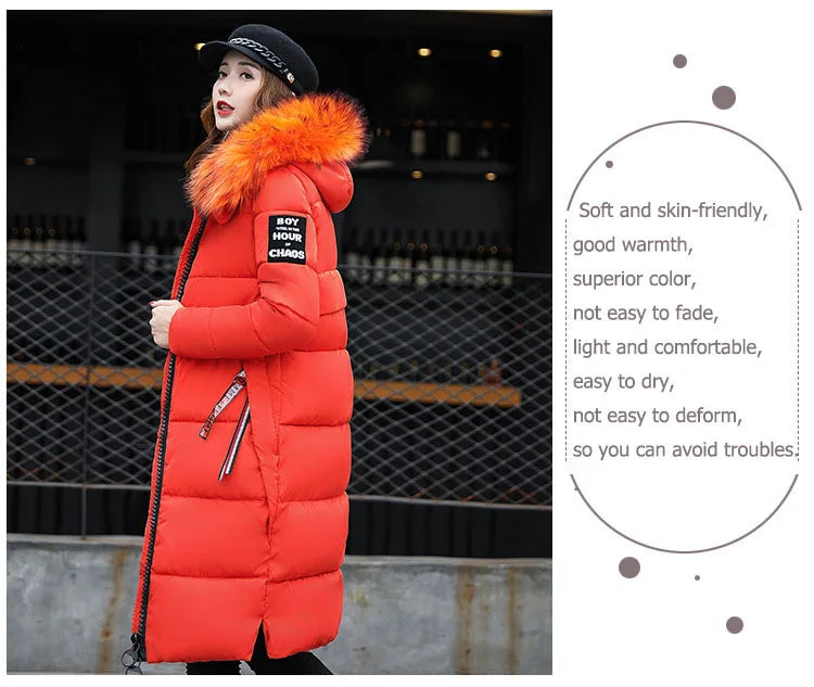 2024 Women's Down Parkas Winter Jacket Big Fur Collar Thick Slim Coat Fashion Hooded Cotton Outerwear Long Winter Woman Coat