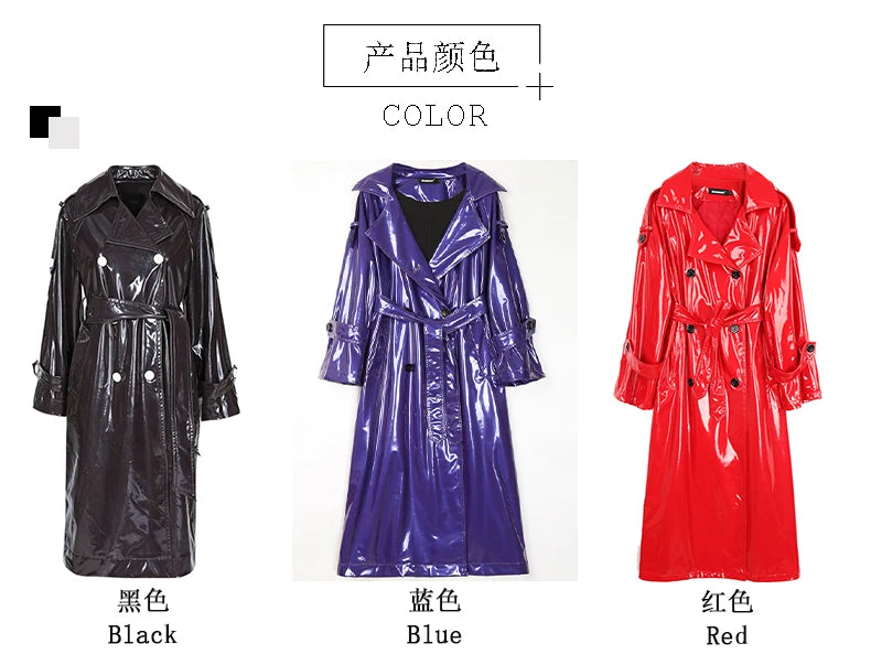 Nerazzurri Long Waterproof Black Patent Leather Trench Coat for Women 2020 Double Breasted Iridescent Oversized Leather Coat 7XL
