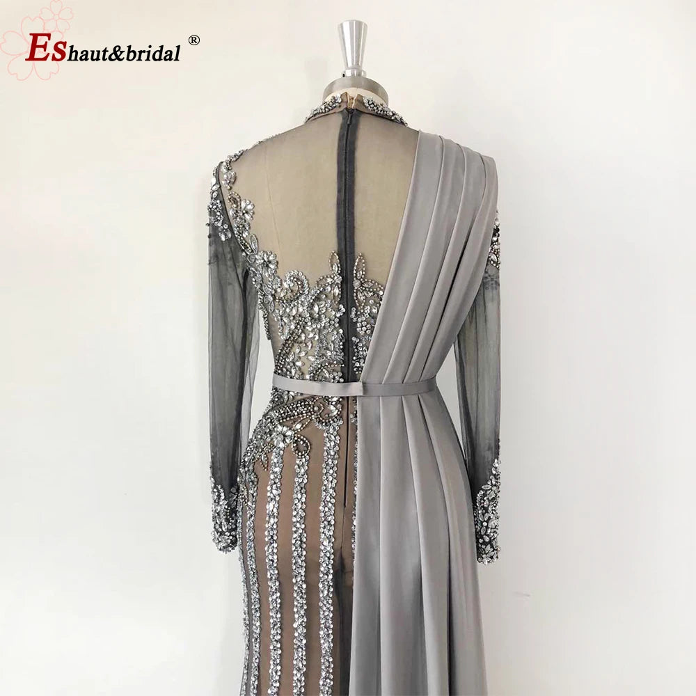 Elegant Muslim Wedding Evening Dress for Women 2026 Crystal High Neck Long Sleeves Mermaid Formal Prom Party Gowns Customized