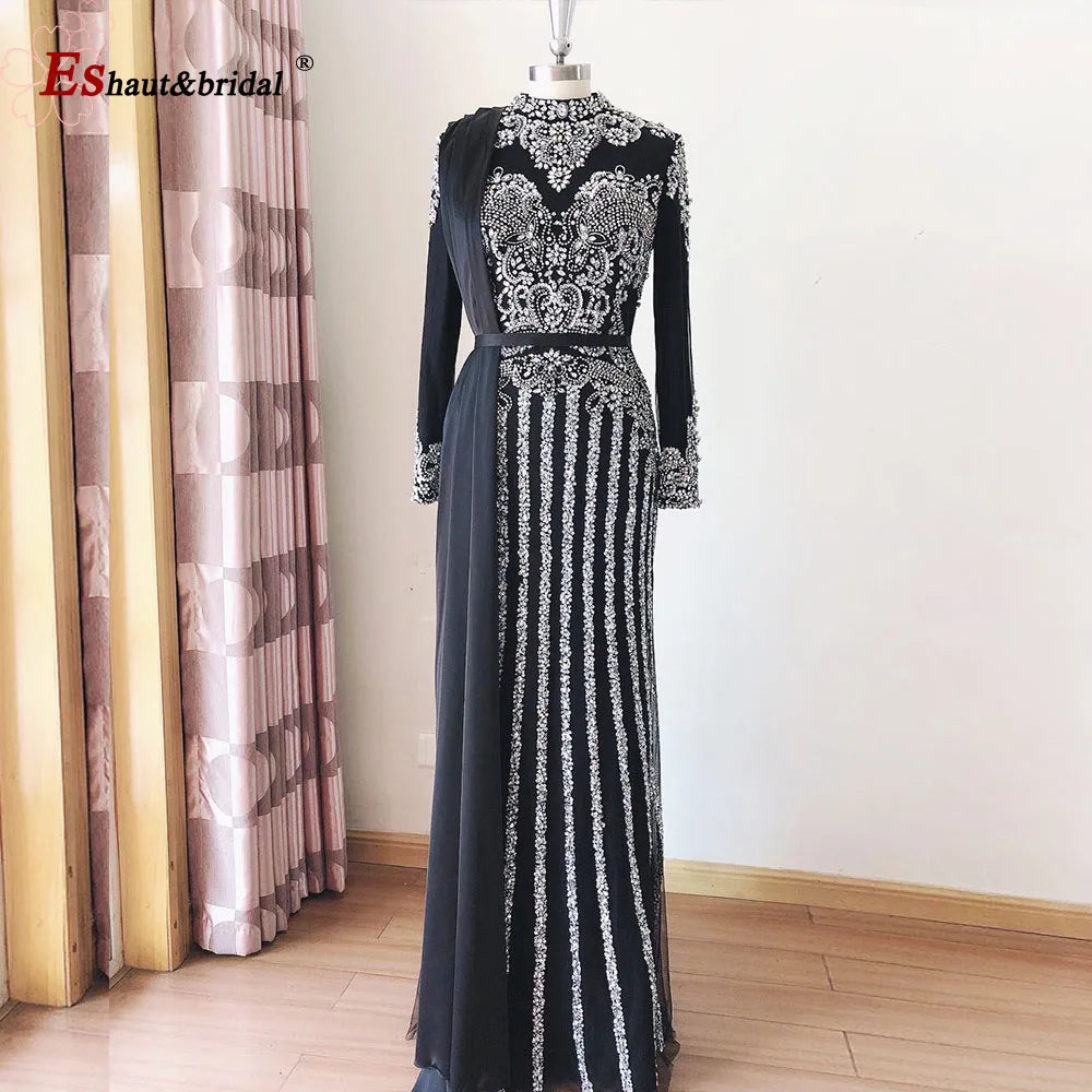 Elegant Muslim Wedding Evening Dress for Women 2026 Crystal High Neck Long Sleeves Mermaid Formal Prom Party Gowns Customized