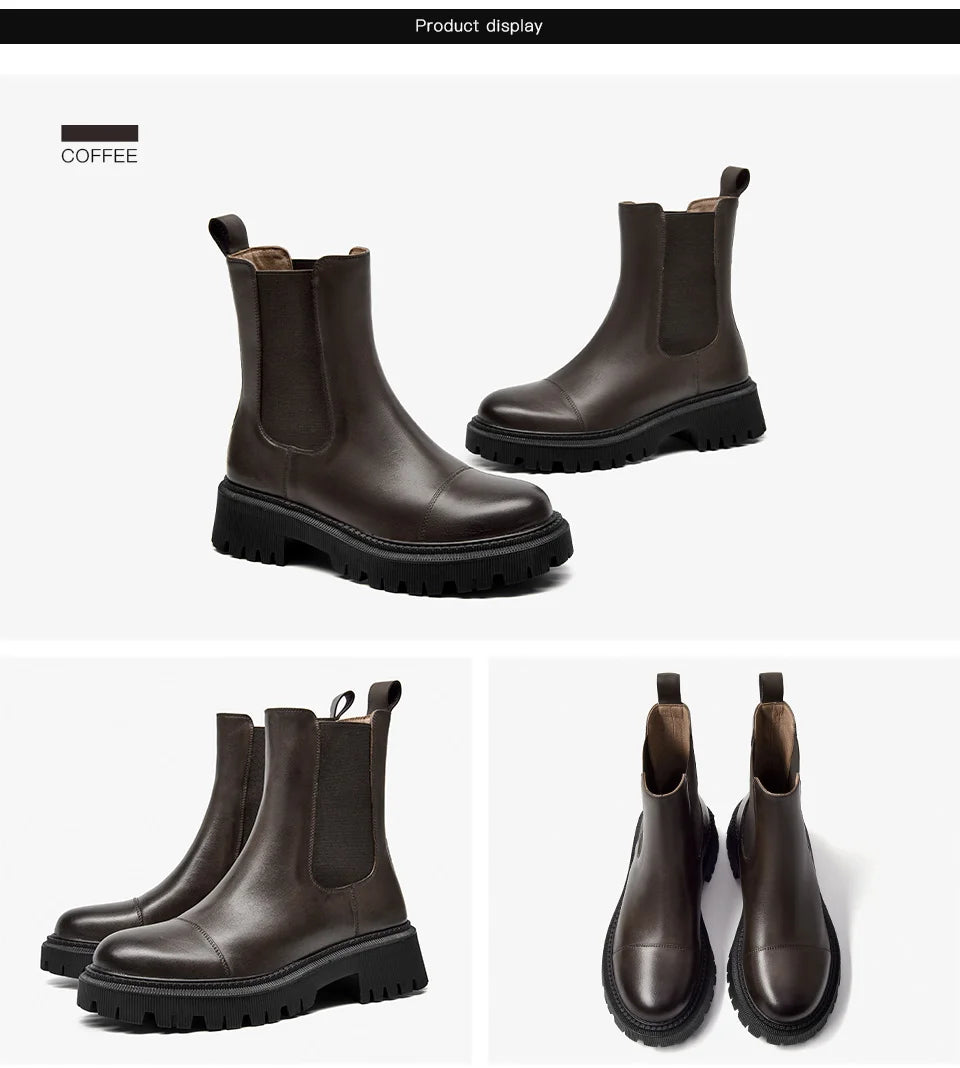 BeauToday Chelsea Women's Genuine Leather Boots Platform Round Toe Elastic Band Thick Sole Ladies Shoes Handmade 02379S