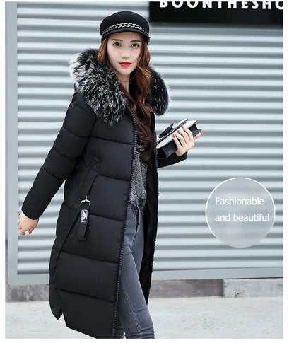 2024 Women's Down Parkas Winter Jacket Big Fur Collar Thick Slim Coat Fashion Hooded Cotton Outerwear Long Winter Woman Coat