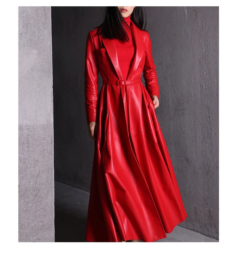 Nerazzurri High Quality Red Black Maxi Pu Leather Trench Coat for Women Extra Long Skirted Elegant Overcoat Fashion 5xl 6xl 7xl
