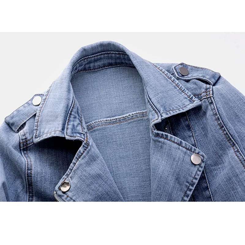 Short Zipper Stretch Denim Jacket Women Slim Vintage Spring Autumn Lady Long-sleeved Motorcycle Coat Casual Female Jean Outwear