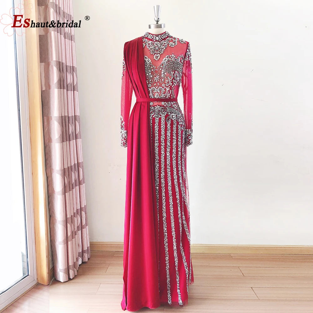 Elegant Muslim Wedding Evening Dress for Women 2026 Crystal High Neck Long Sleeves Mermaid Formal Prom Party Gowns Customized