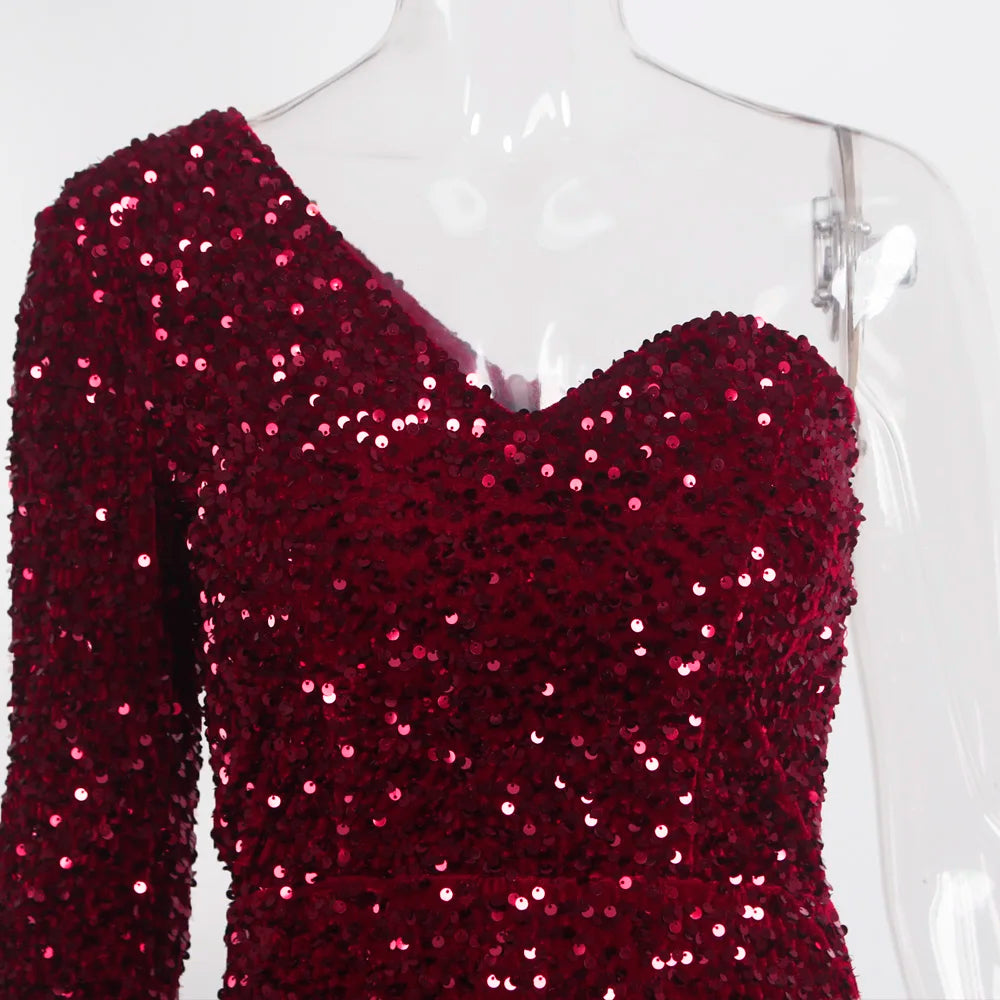 Black Stretch Sparkles Sequined One Sleeve Bodycon Party Dress Padded Knee Length Sexy Night Club Midi Dress Burgundy