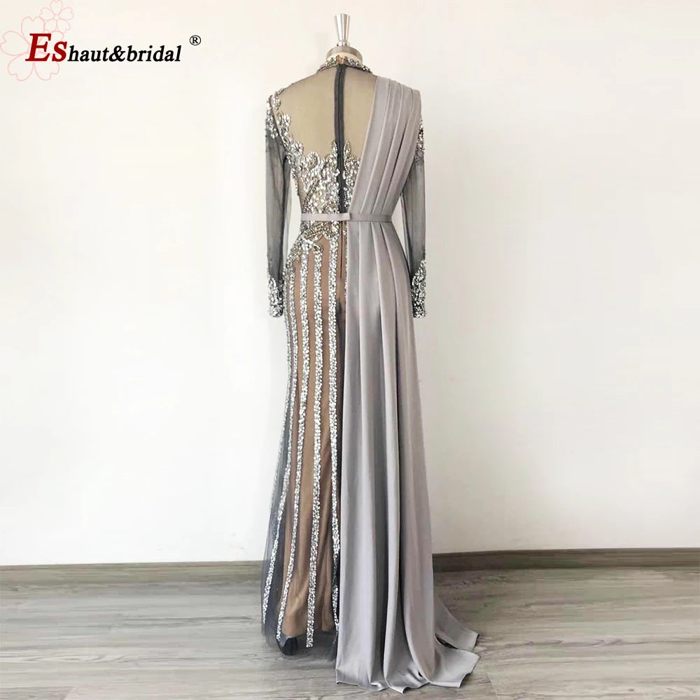 Elegant Muslim Wedding Evening Dress for Women 2026 Crystal High Neck Long Sleeves Mermaid Formal Prom Party Gowns Customized