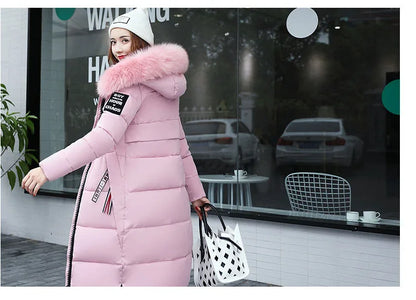 2024 Women's Down Parkas Winter Jacket Big Fur Collar Thick Slim Coat Fashion Hooded Cotton Outerwear Long Winter Woman Coat