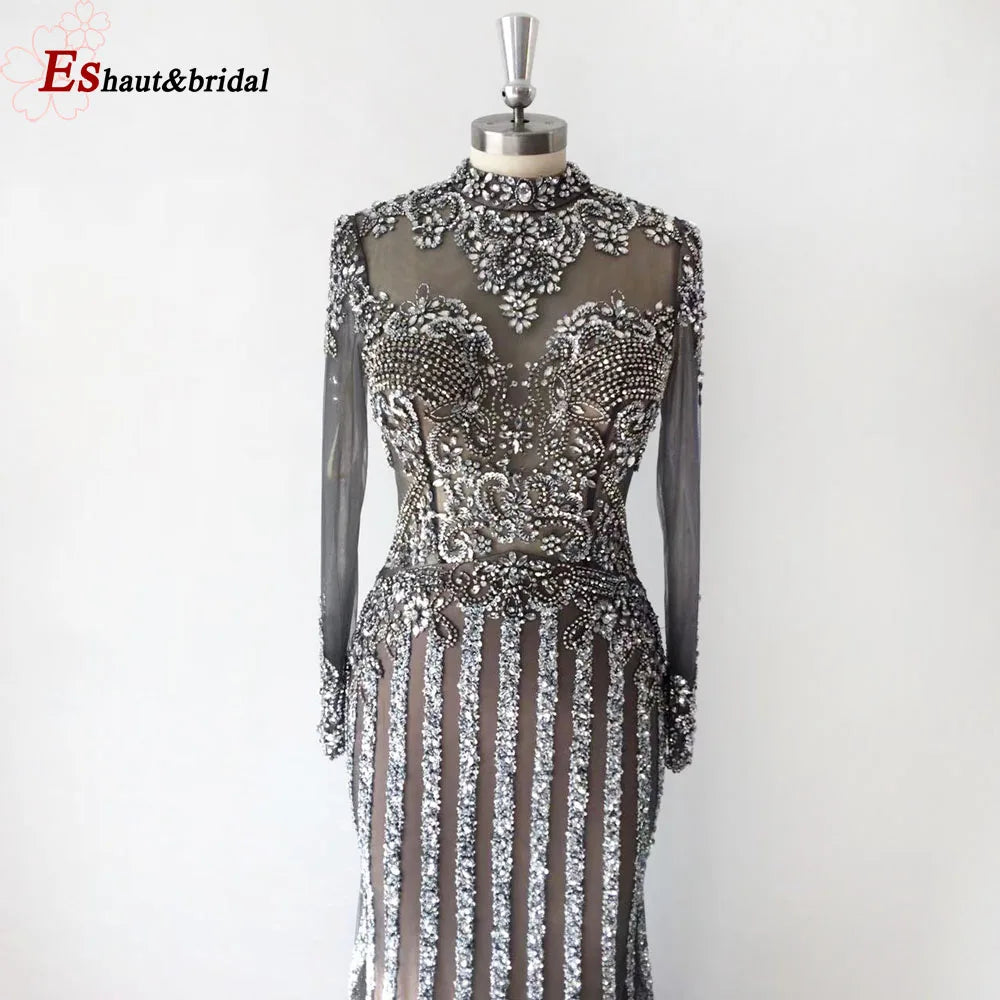 Elegant Muslim Wedding Evening Dress for Women 2026 Crystal High Neck Long Sleeves Mermaid Formal Prom Party Gowns Customized