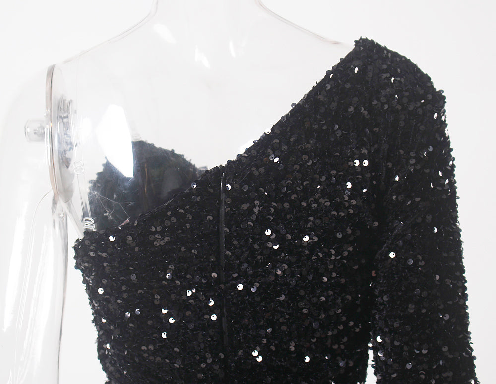 Black Stretch Sparkles Sequined One Sleeve Bodycon Party Dress Padded Knee Length Sexy Night Club Midi Dress Burgundy