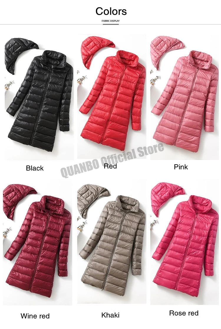 2023 Women Autumn Winter Ultralight Thin Packable Down Long Jacket  Female Hat Detachable Slim Fit Skirt Coat Portable Outwear