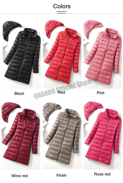 2023 Women Autumn Winter Ultralight Thin Packable Down Long Jacket  Female Hat Detachable Slim Fit Skirt Coat Portable Outwear