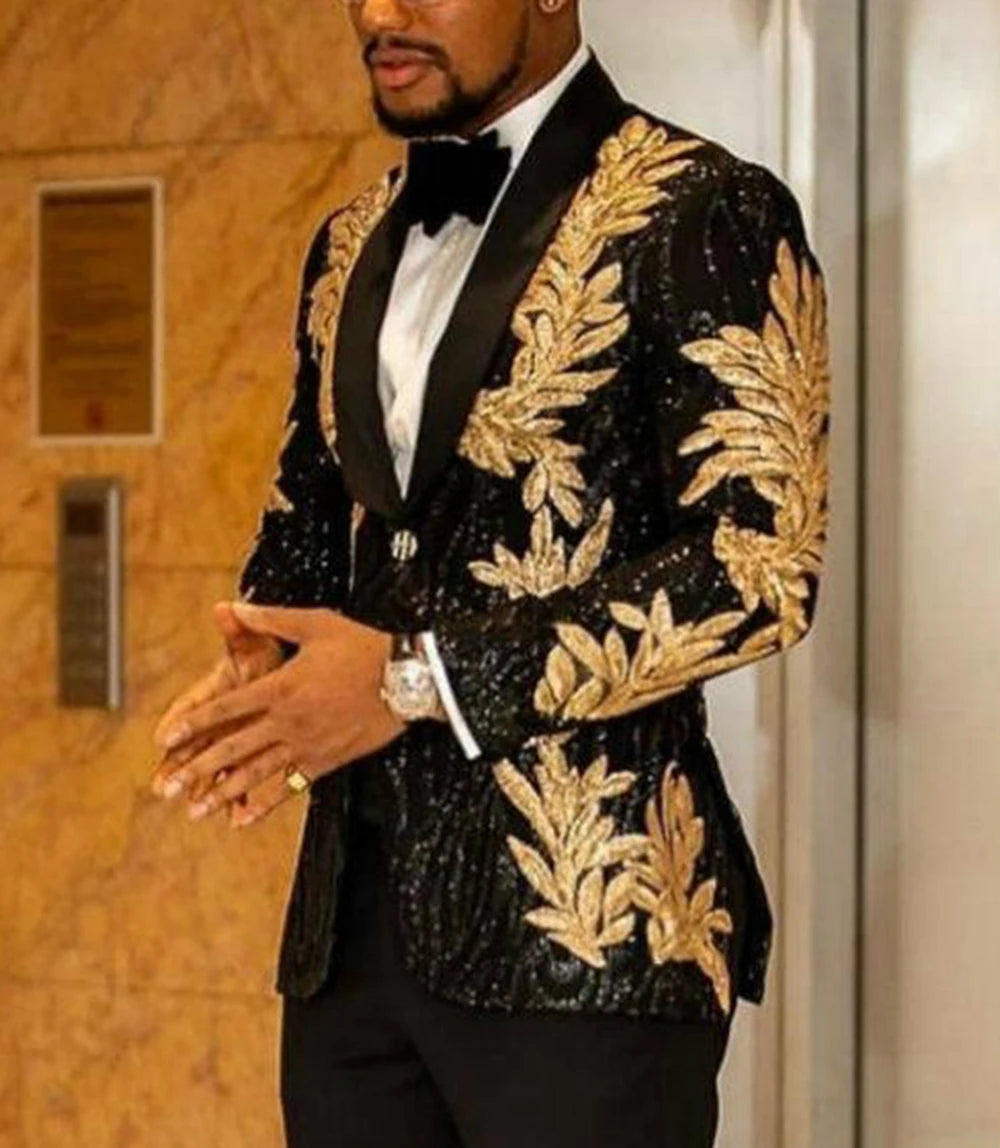 2 Pieces Slim Fit Men's Shiny Sequins Gold Applique Suits Prom Tuxedos Grooms Jacket For Wedding Party Suits Set  Blazer+Pants
