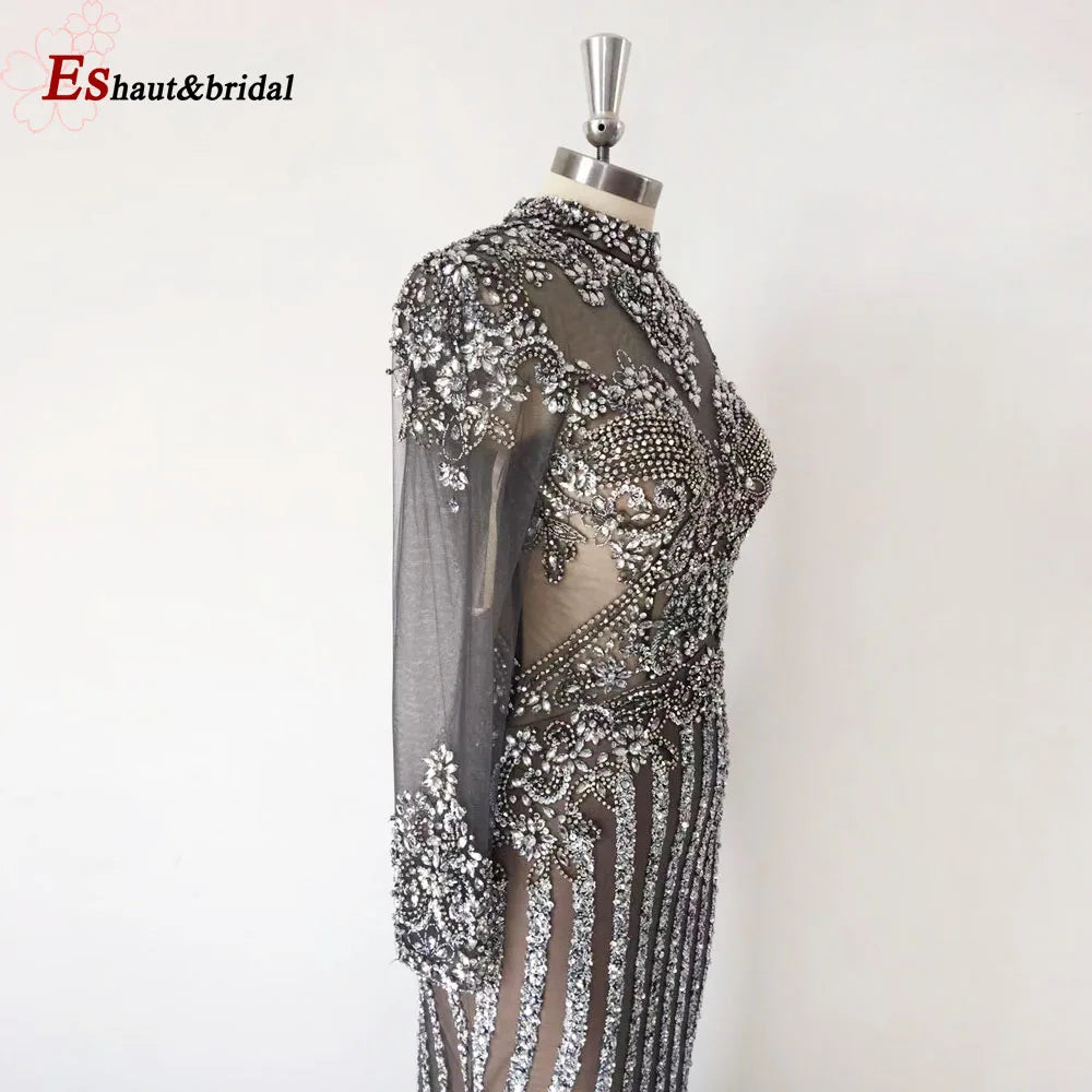 Elegant Muslim Wedding Evening Dress for Women 2026 Crystal High Neck Long Sleeves Mermaid Formal Prom Party Gowns Customized