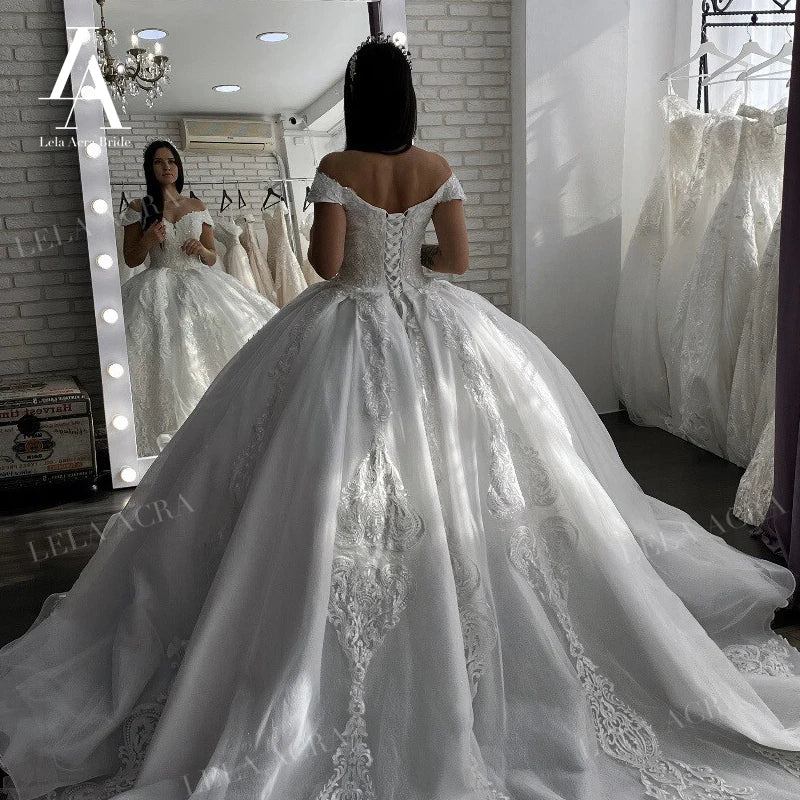 Luxury Sleeveless Wedding Dress Appliques Beaded Ball Gown Bridal Princess LelaAcra LI46 Customized Party Vestido De Novia