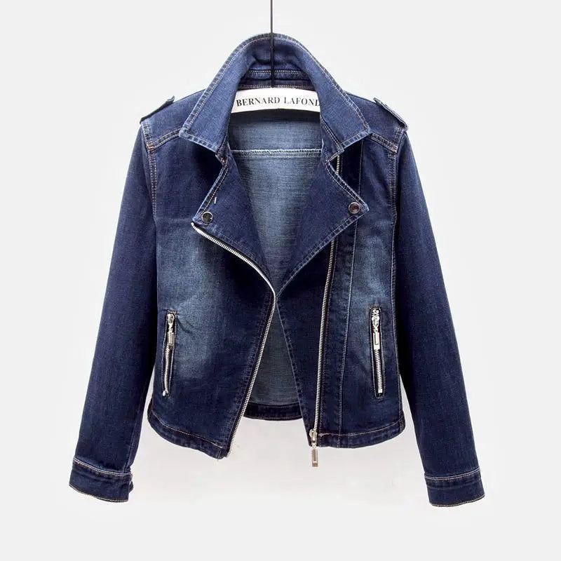 Short Zipper Stretch Denim Jacket Women Slim Vintage Spring Autumn Lady Long-sleeved Motorcycle Coat Casual Female Jean Outwear