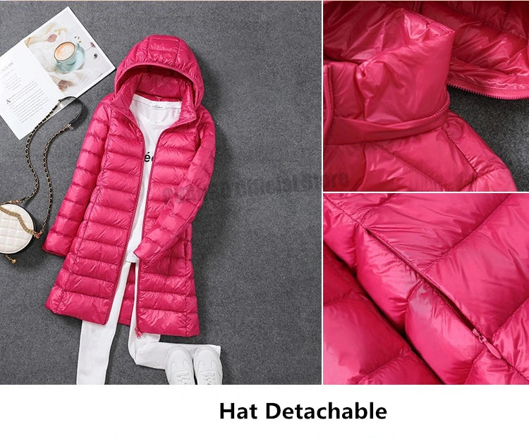 2023 Women Autumn Winter Ultralight Thin Packable Down Long Jacket  Female Hat Detachable Slim Fit Skirt Coat Portable Outwear