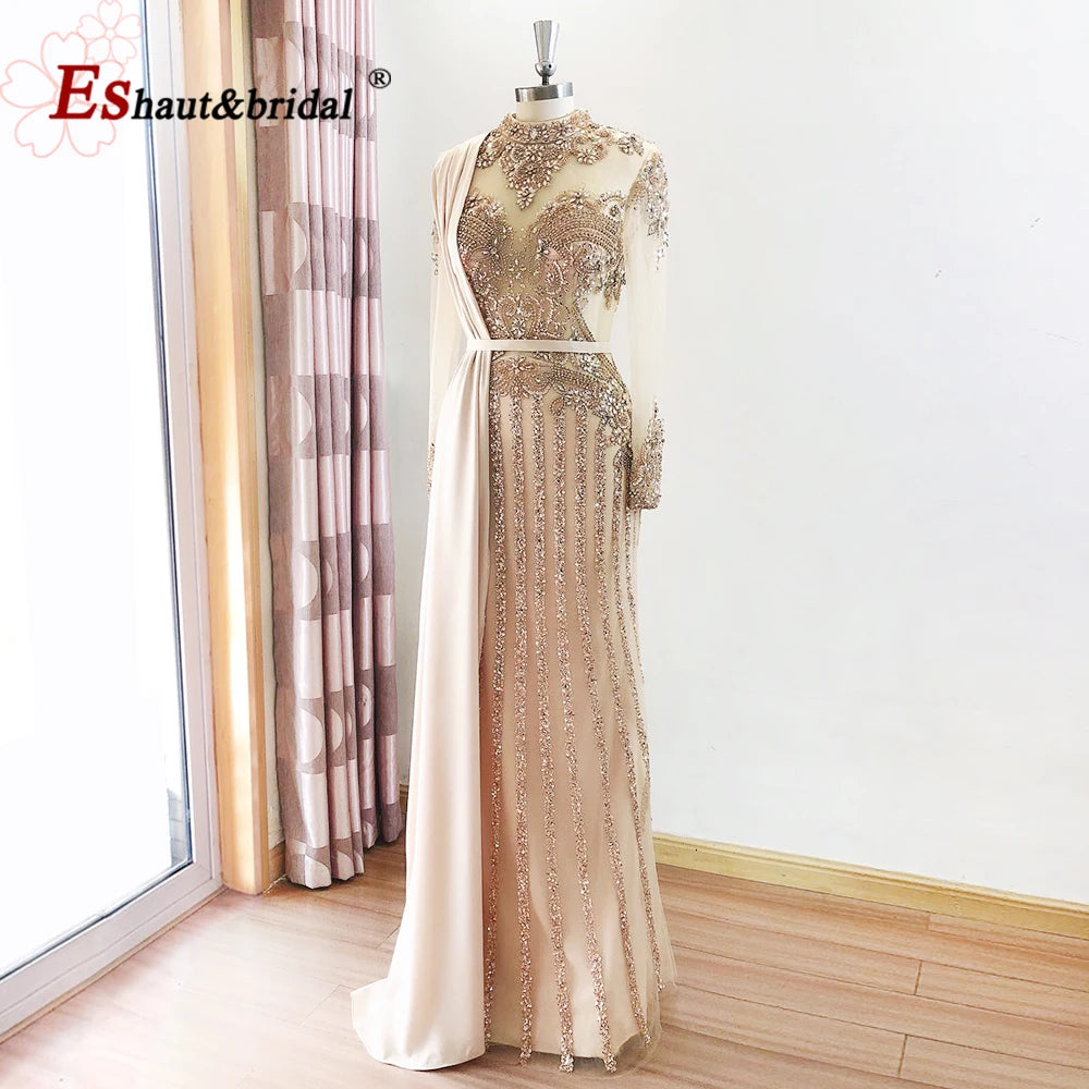 Elegant Muslim Wedding Evening Dress for Women 2026 Crystal High Neck Long Sleeves Mermaid Formal Prom Party Gowns Customized