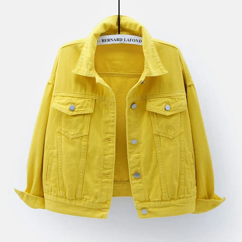 Solid Short Women's Denim Coat Spring Autumn Female Loose Jeans Jacket Purple Student Casual Outwear White Pink Yellow Red Black