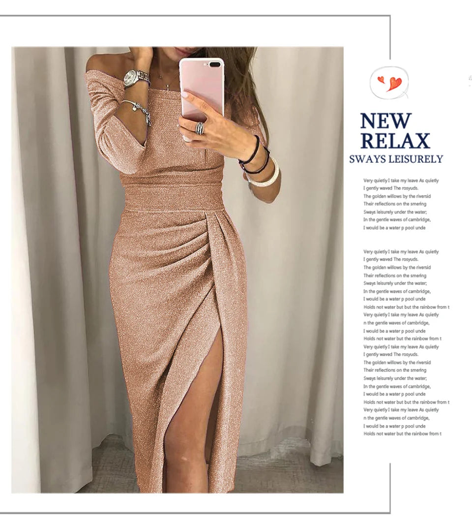 Fashion Elegant Lady Evening Party Dresses 2023 Autumn Women's Clothing Off Shoulder High Waist Sexy Club Slash Neck Midi Dress