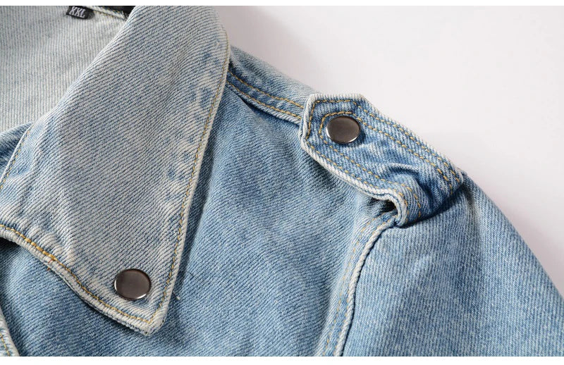 Sokotoo Men's Holes Ripped Blue Jean Biker Jacket for Motorcycle Streetwear Zippers Turn Down Collar Denim Coat Outerwear