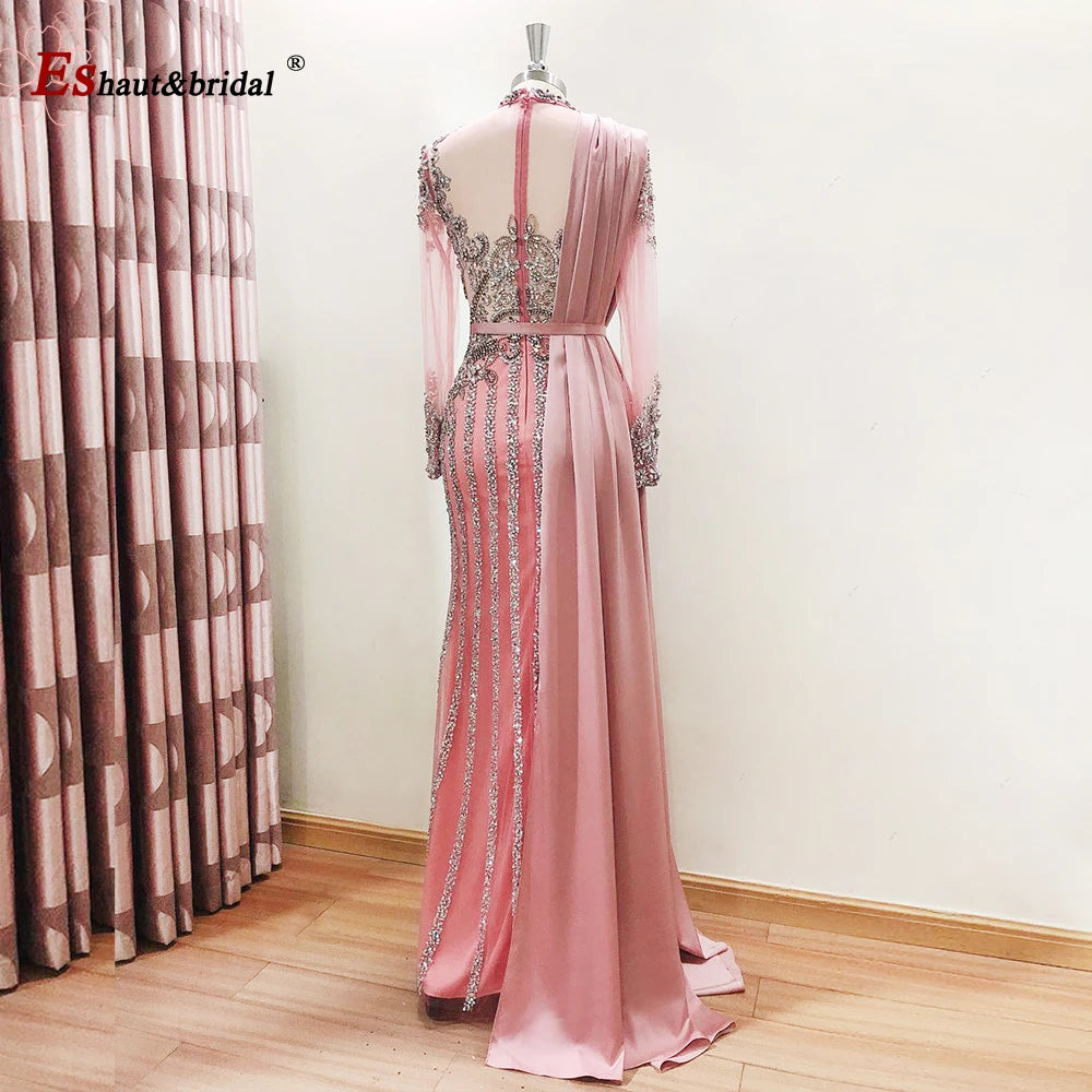 Elegant Muslim Wedding Evening Dress for Women 2026 Crystal High Neck Long Sleeves Mermaid Formal Prom Party Gowns Customized