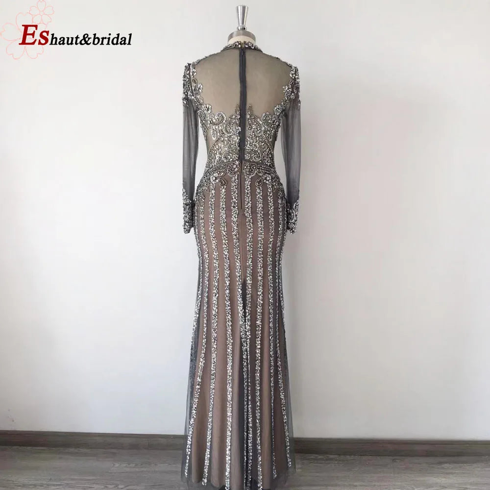 Elegant Muslim Wedding Evening Dress for Women 2026 Crystal High Neck Long Sleeves Mermaid Formal Prom Party Gowns Customized