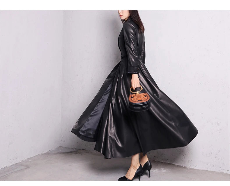 Nerazzurri High Quality Red Black Maxi Pu Leather Trench Coat for Women Extra Long Skirted Elegant Overcoat Fashion 5xl 6xl 7xl