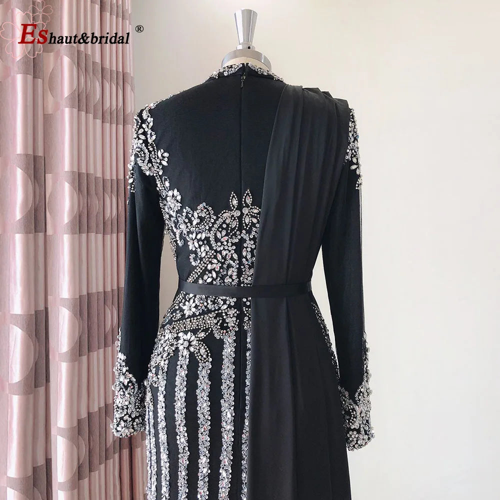 Elegant Muslim Wedding Evening Dress for Women 2026 Crystal High Neck Long Sleeves Mermaid Formal Prom Party Gowns Customized