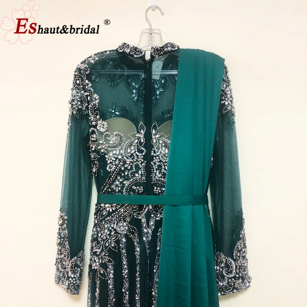 Elegant Muslim Wedding Evening Dress for Women 2026 Crystal High Neck Long Sleeves Mermaid Formal Prom Party Gowns Customized