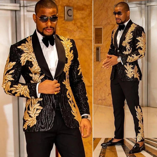 2 Pieces Slim Fit Men's Shiny Sequins Gold Applique Suits Prom Tuxedos Grooms Jacket For Wedding Party Suits Set  Blazer+Pants
